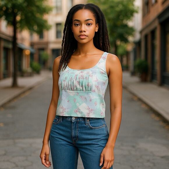 SO Ruched Front Tank Top Juniors Size XL Blue Flower Print - Picture 2 of 8